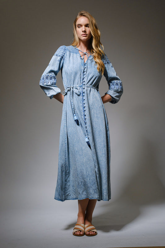 Embroidered Denim Maxi Dress