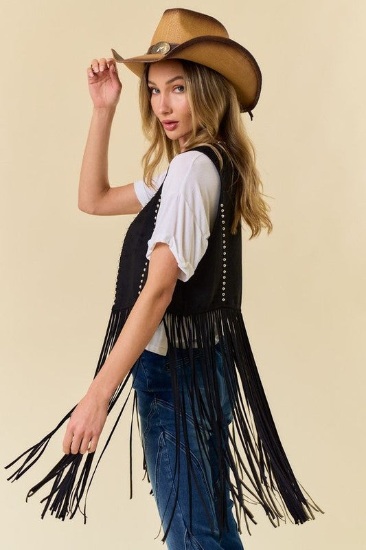 Outlaw Studded Long Fringe Faux Suede Vest – Black