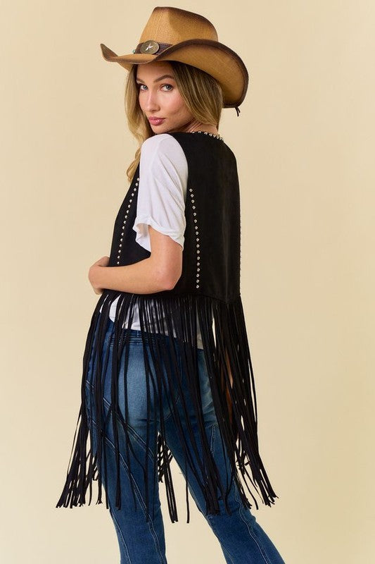 Outlaw Studded Long Fringe Faux Suede Vest – Black
