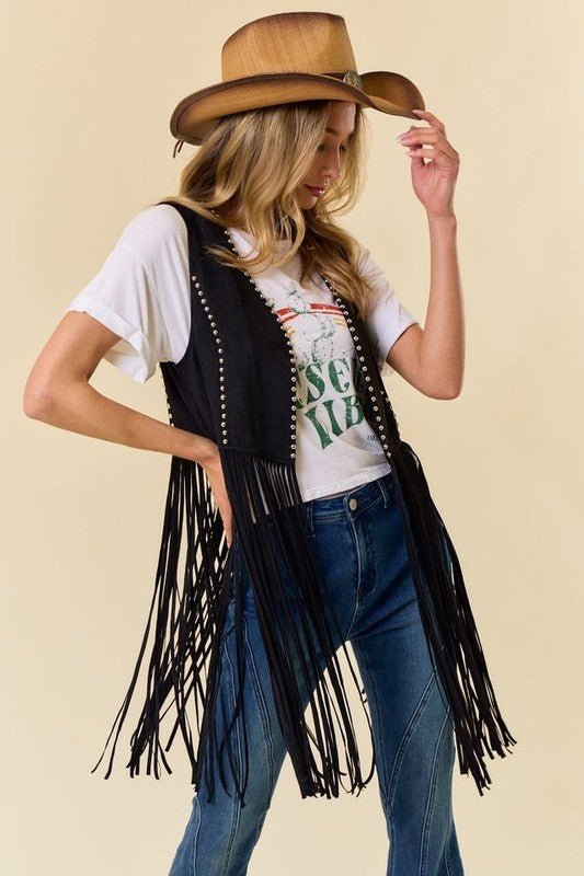 Outlaw Studded Long Fringe Faux Suede Vest – Black