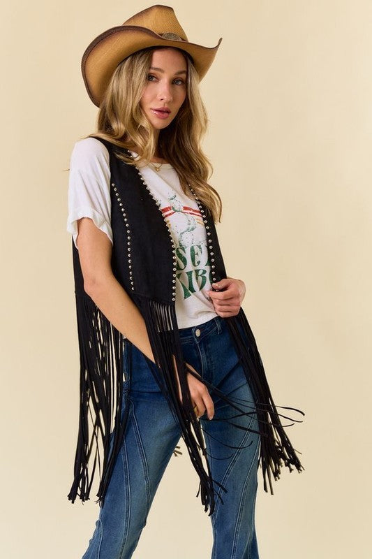 Outlaw Studded Long Fringe Faux Suede Vest – Black