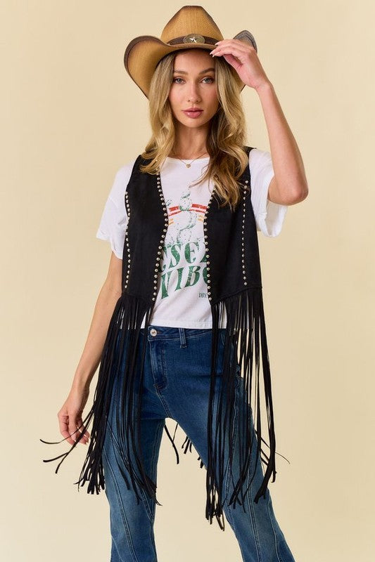 Outlaw Studded Long Fringe Faux Suede Vest – Black
