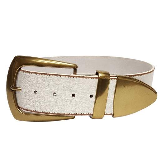 Cream Wide width Leather belt with Statement Buckle