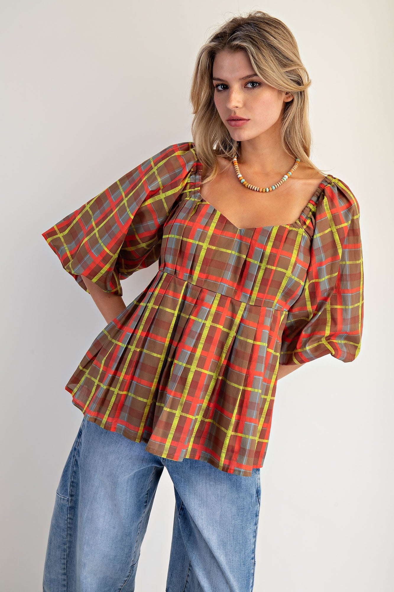 Brown Plaid Organza Babydoll Top