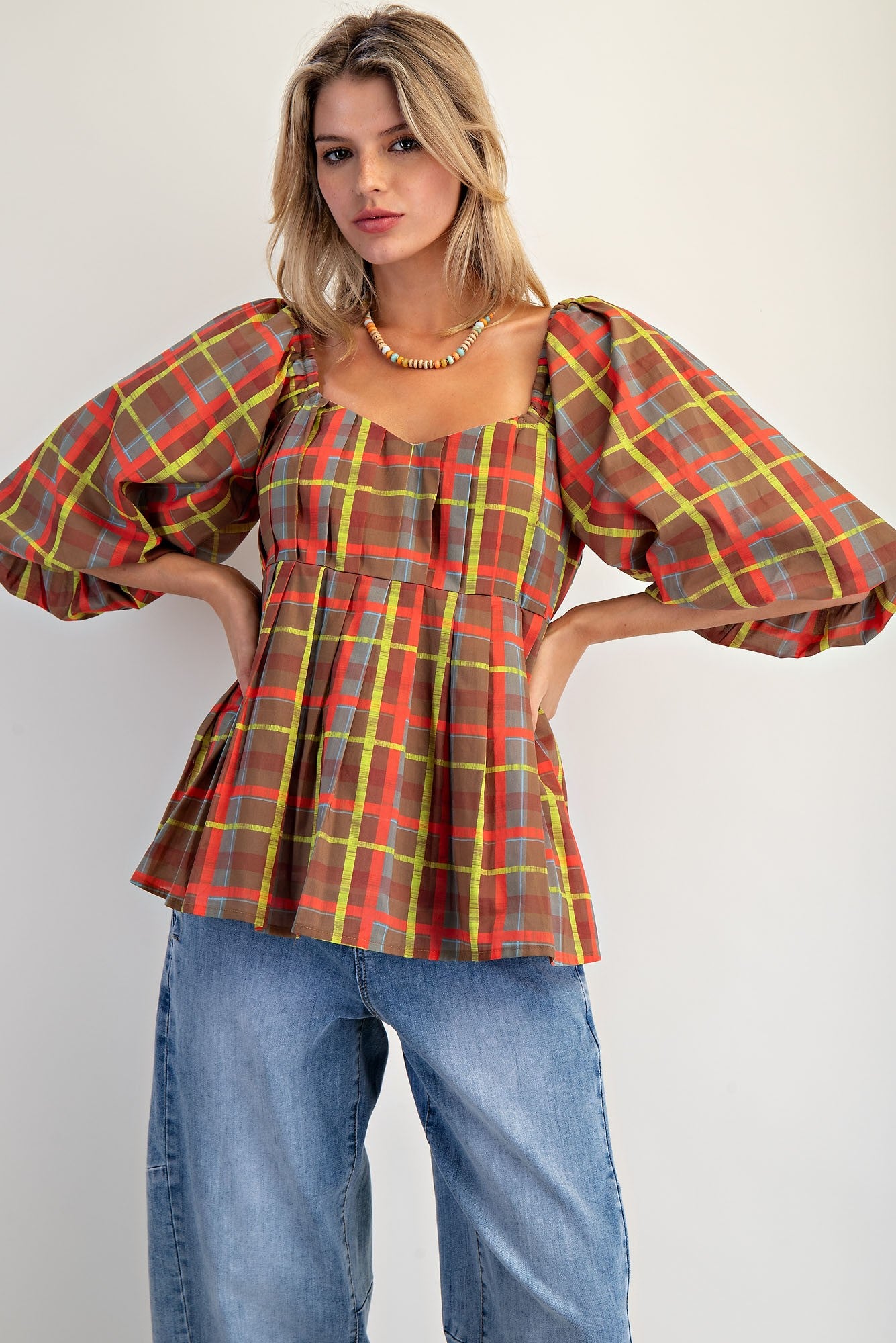Brown Plaid Organza Babydoll Top