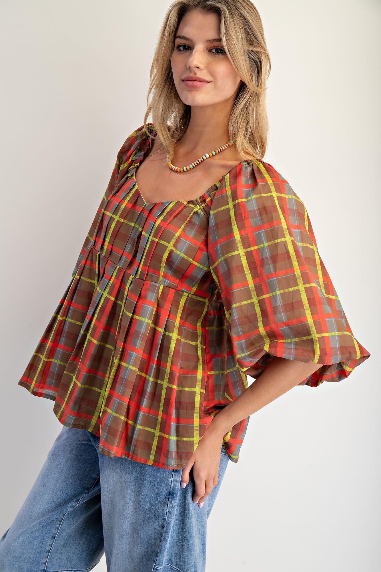 Brown Plaid Organza Babydoll Top