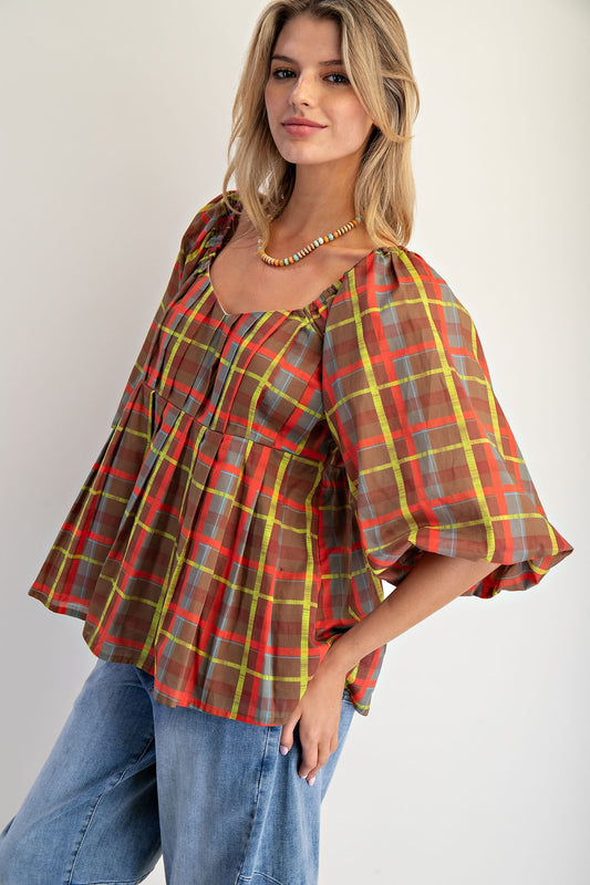 Brown Plaid Organza Babydoll Top