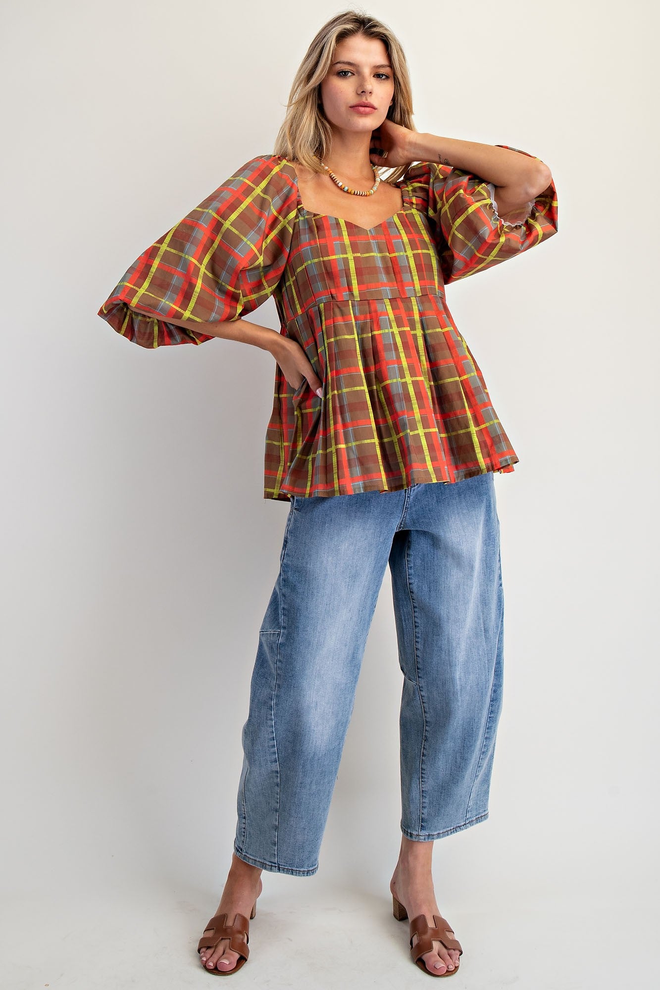 Brown Plaid Organza Babydoll Top