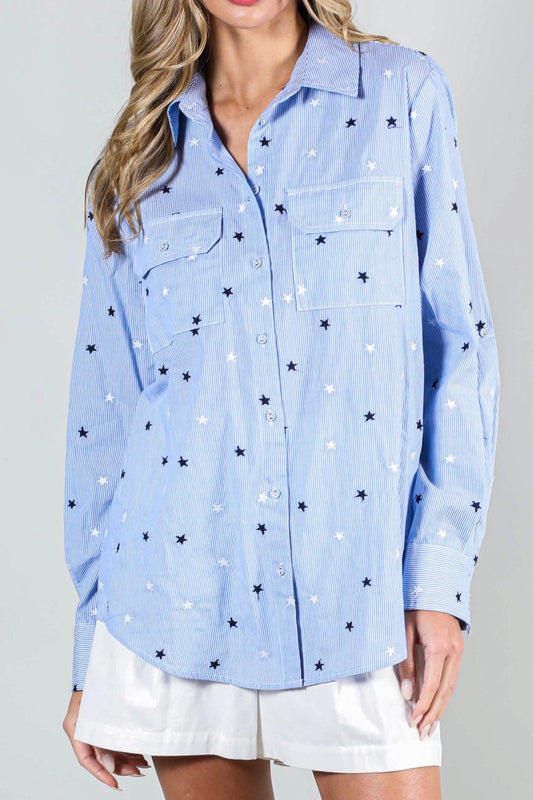 Star Embroidery Stripe Collared Button Up Top