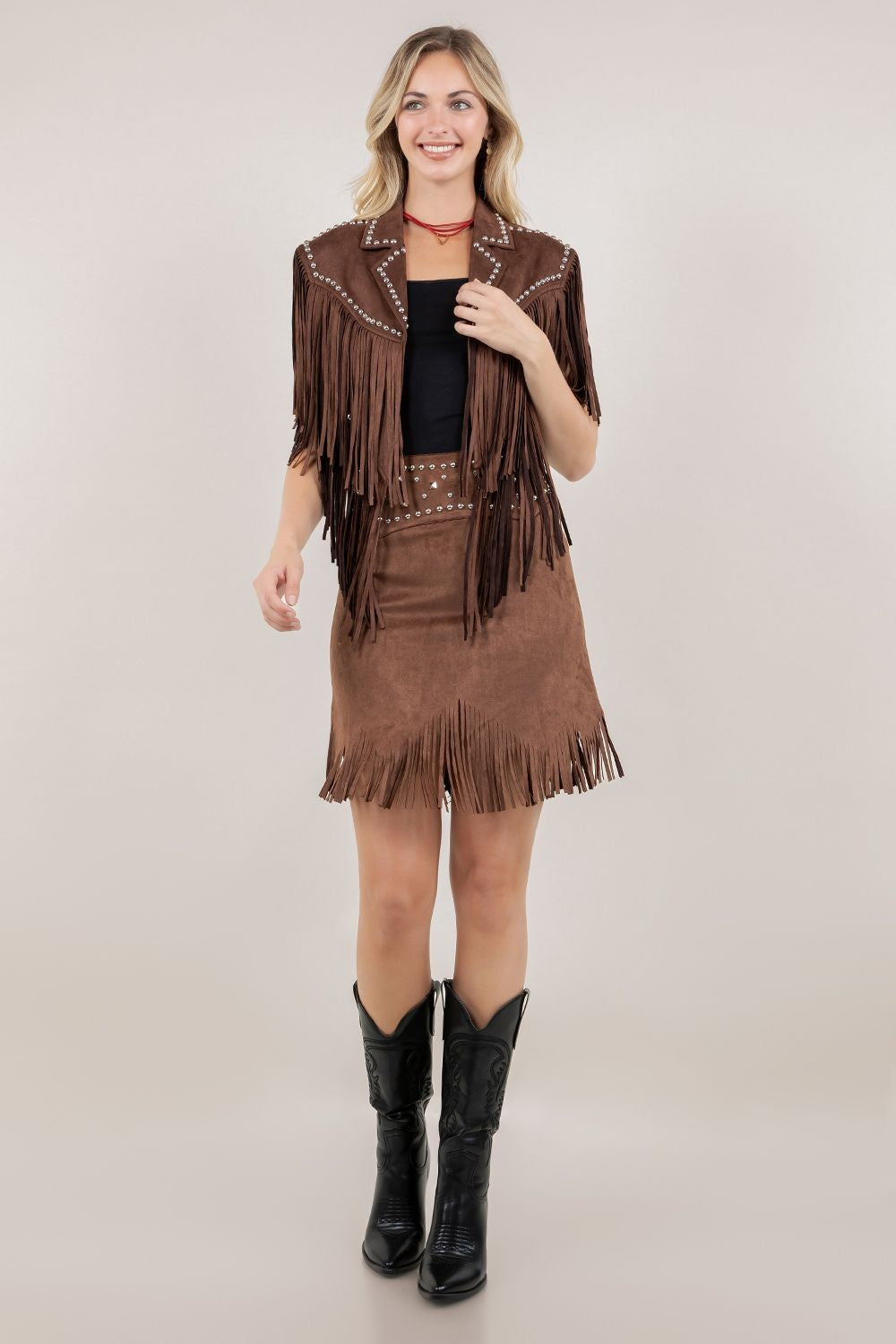 Saddle Up Studded Faux Suede Fringe Vest – Chocolate