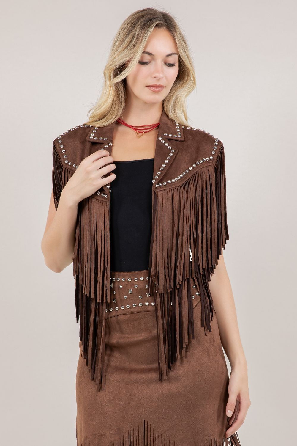 Saddle Up Studded Faux Suede Fringe Vest – Chocolate
