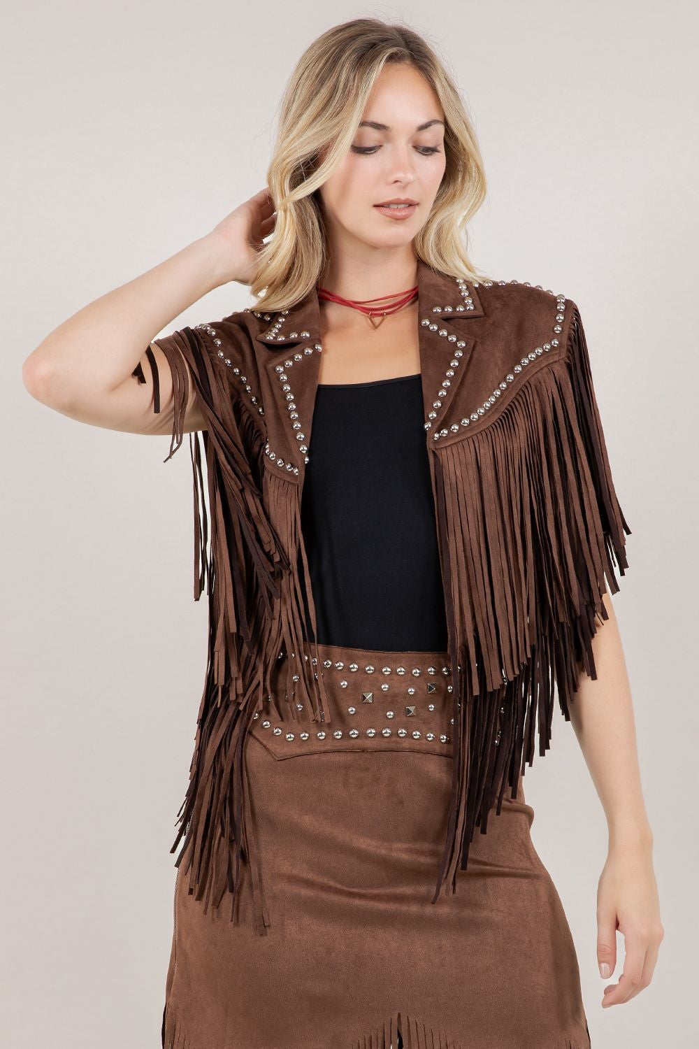 Saddle Up Studded Faux Suede Fringe Vest – Chocolate