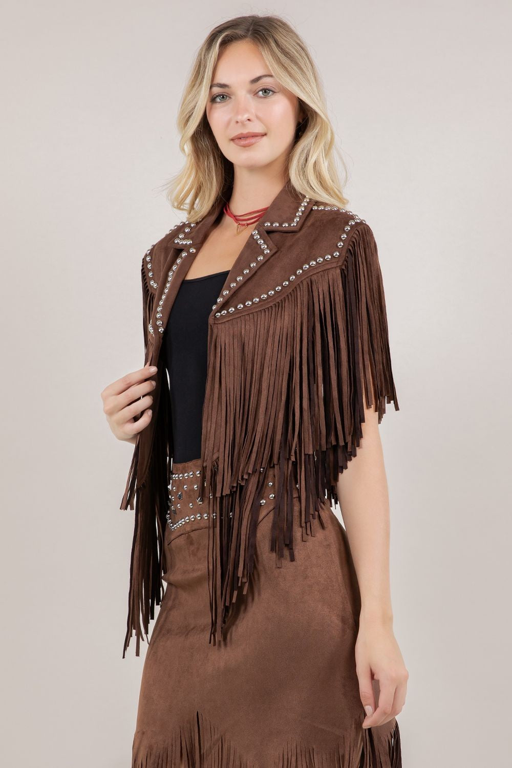 Saddle Up Studded Faux Suede Fringe Vest – Chocolate