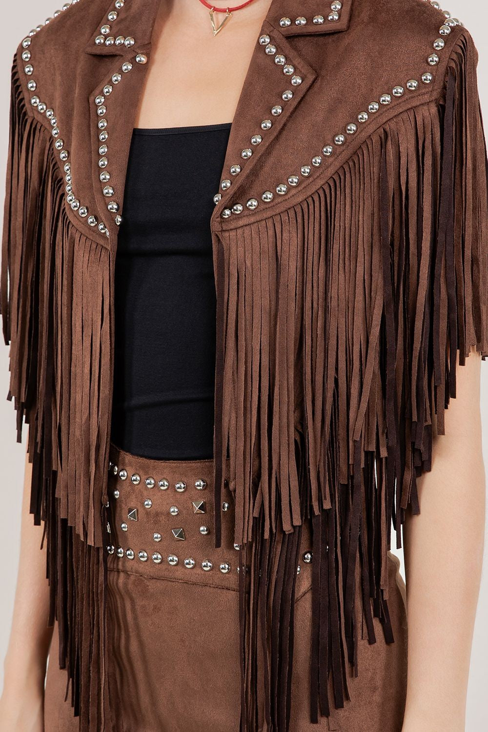 Saddle Up Studded Faux Suede Fringe Vest – Chocolate