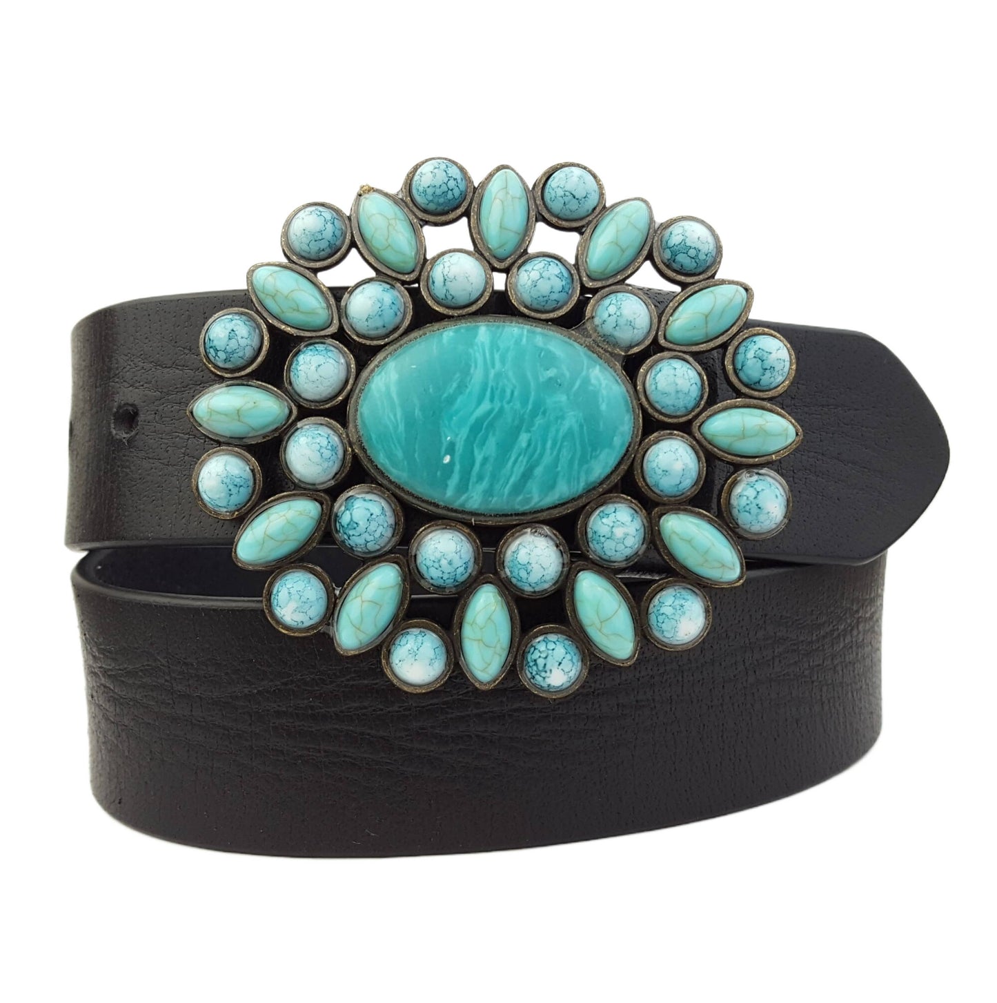 Genuine leather belt w. Western Turquoise Floral Buckle: Black