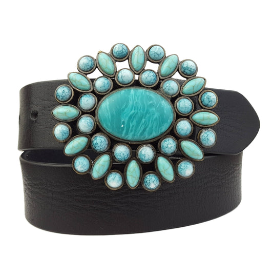 Genuine leather belt w. Western Turquoise Floral Buckle: Black