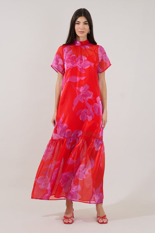 Red and Fuchsia Floral Organza Mock Neck Maxi Dress