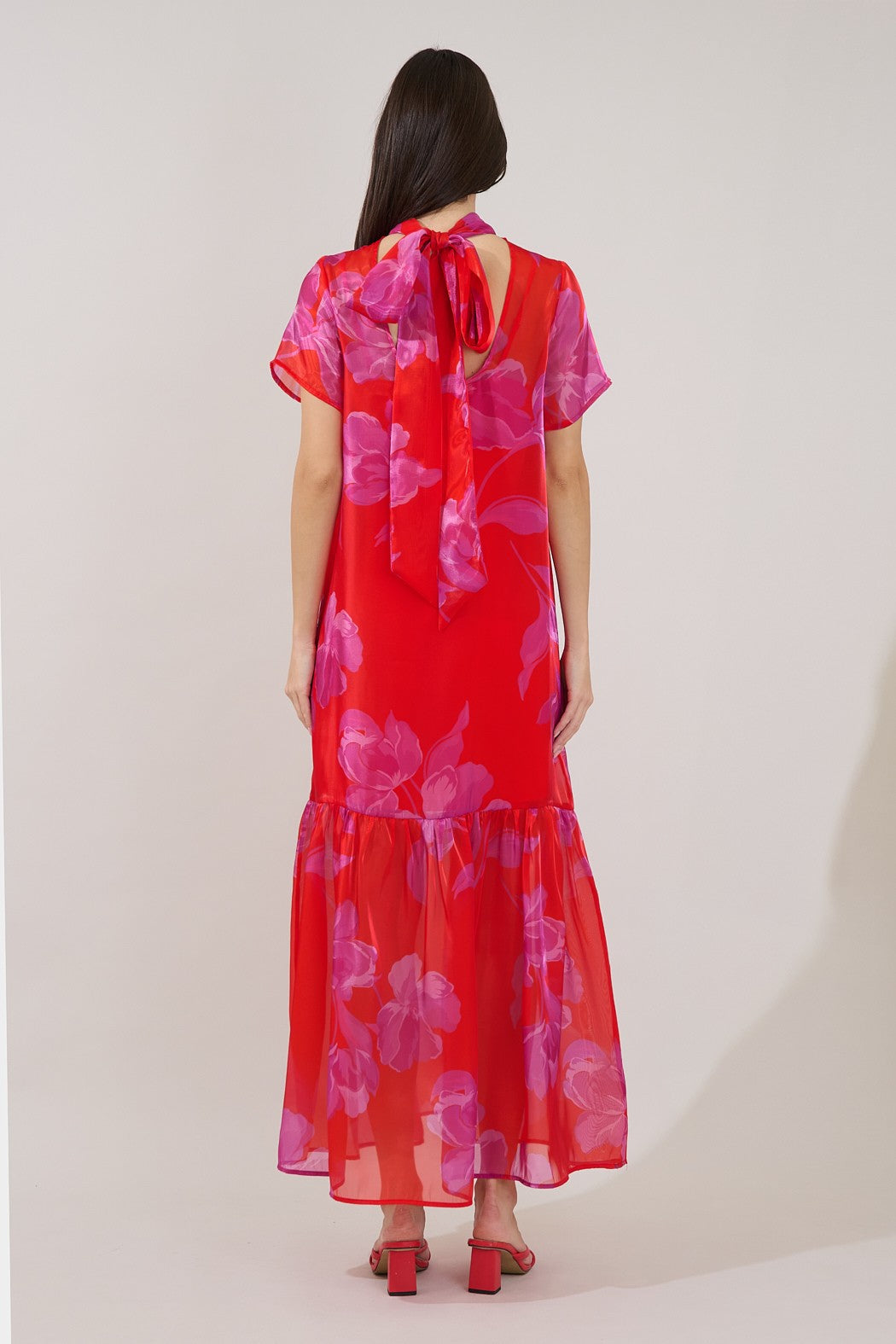 Red and Fuchsia Floral Organza Mock Neck Maxi Dress
