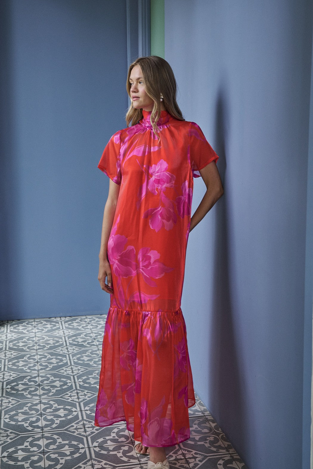 Red and Fuchsia Floral Organza Mock Neck Maxi Dress