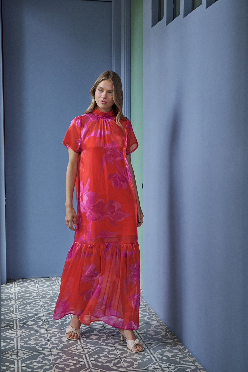 Red and Fuchsia Floral Organza Mock Neck Maxi Dress