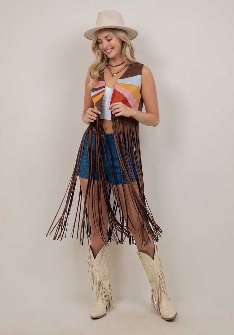 Painted Desert Colorblock Faux Suede Long Fringe Vest