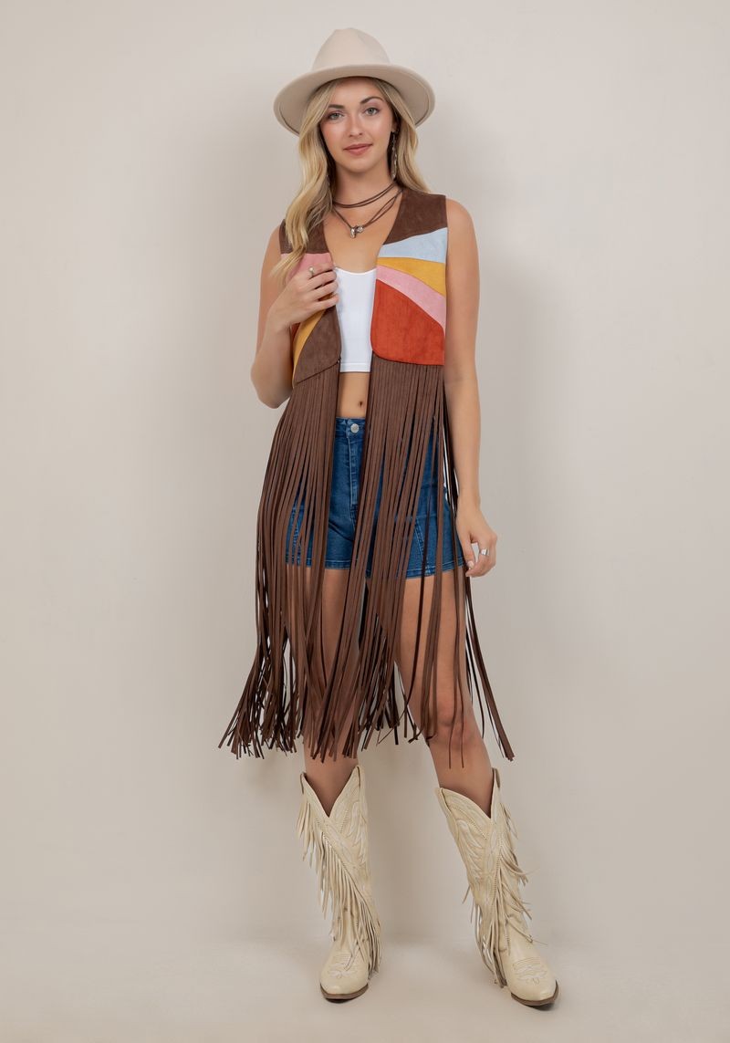 Painted Desert Colorblock Faux Suede Long Fringe Vest