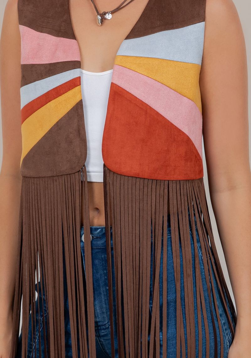 Painted Desert Colorblock Faux Suede Long Fringe Vest
