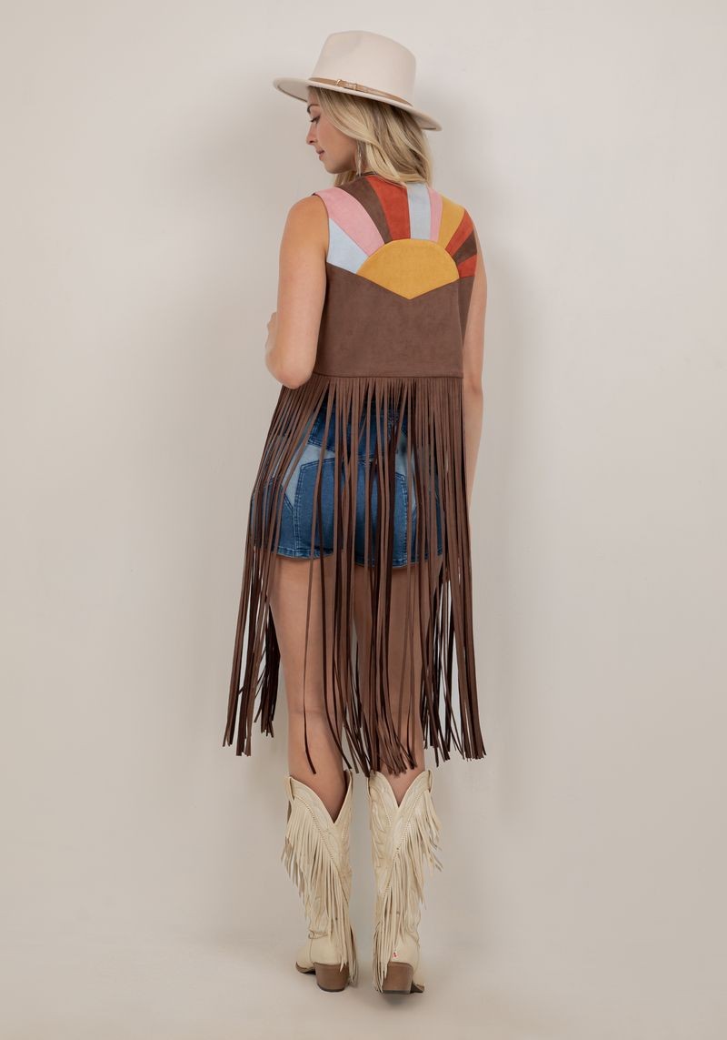 Painted Desert Colorblock Faux Suede Long Fringe Vest