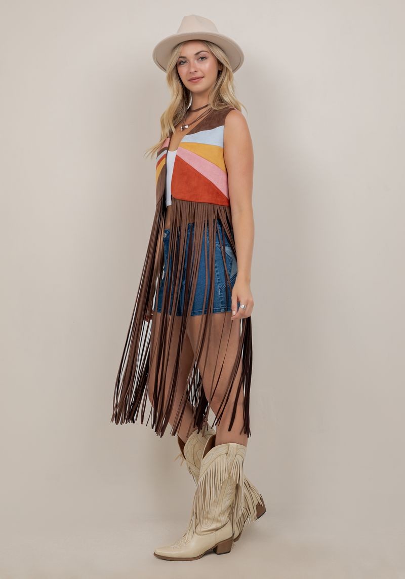 Painted Desert Colorblock Faux Suede Long Fringe Vest