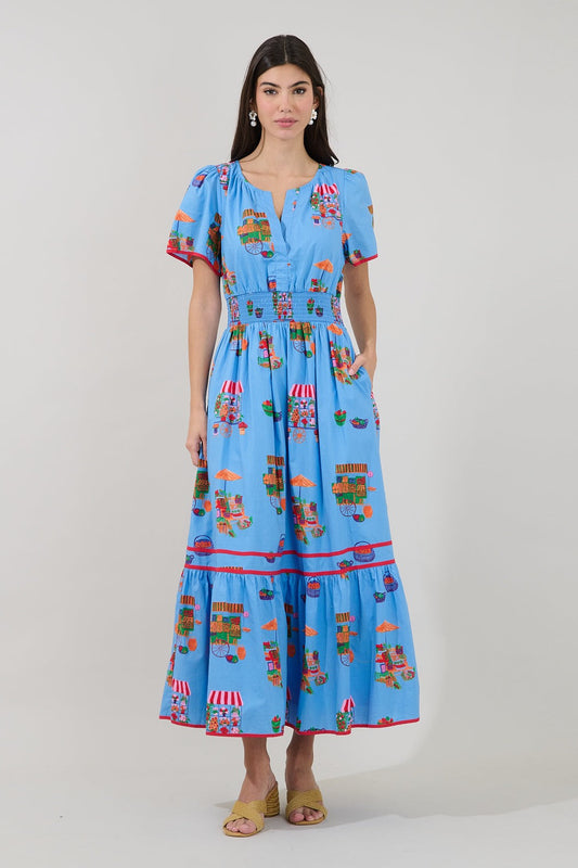 Blue Flower Market Smocked Maxi Dress