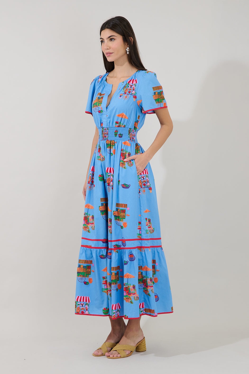 Blue Flower Market Smocked Maxi Dress