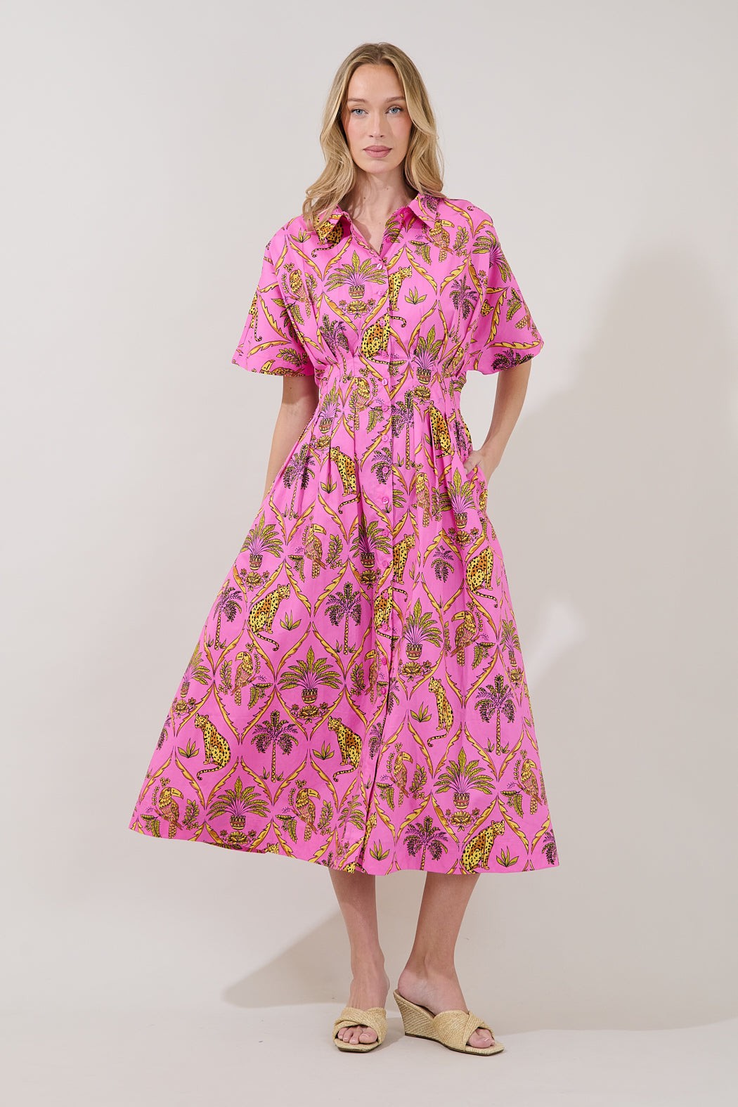 Wild Panther Pink Pleated Midi Dress