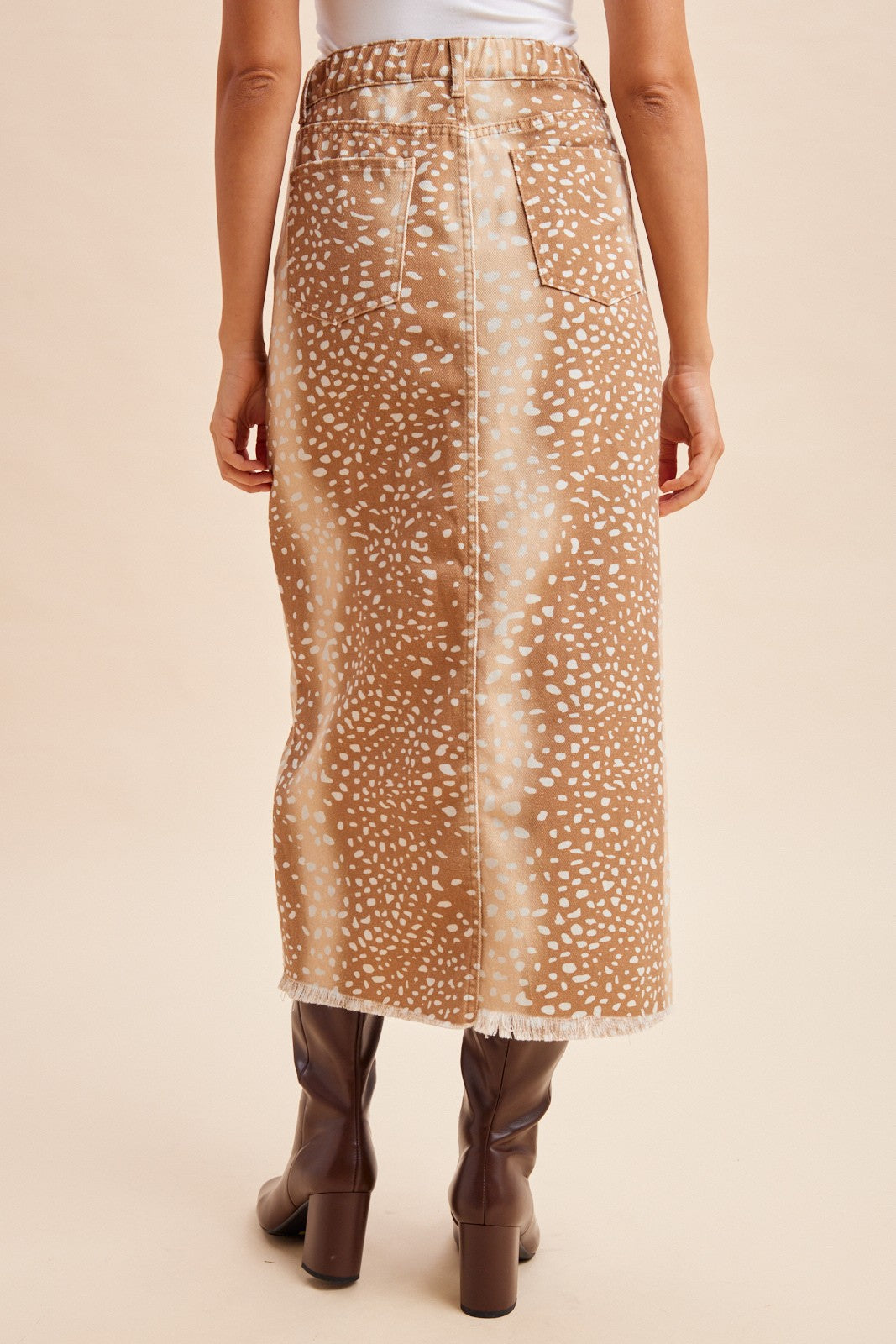 Doe-Eyed Deer Print Denim Front Slit Maxi Skirt