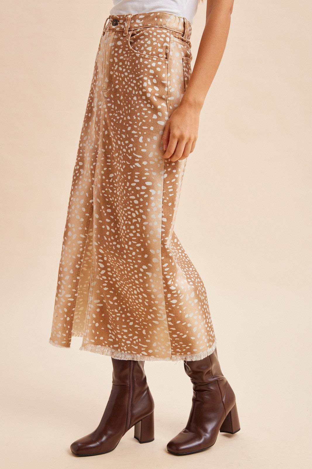 Doe-Eyed Deer Print Denim Front Slit Maxi Skirt
