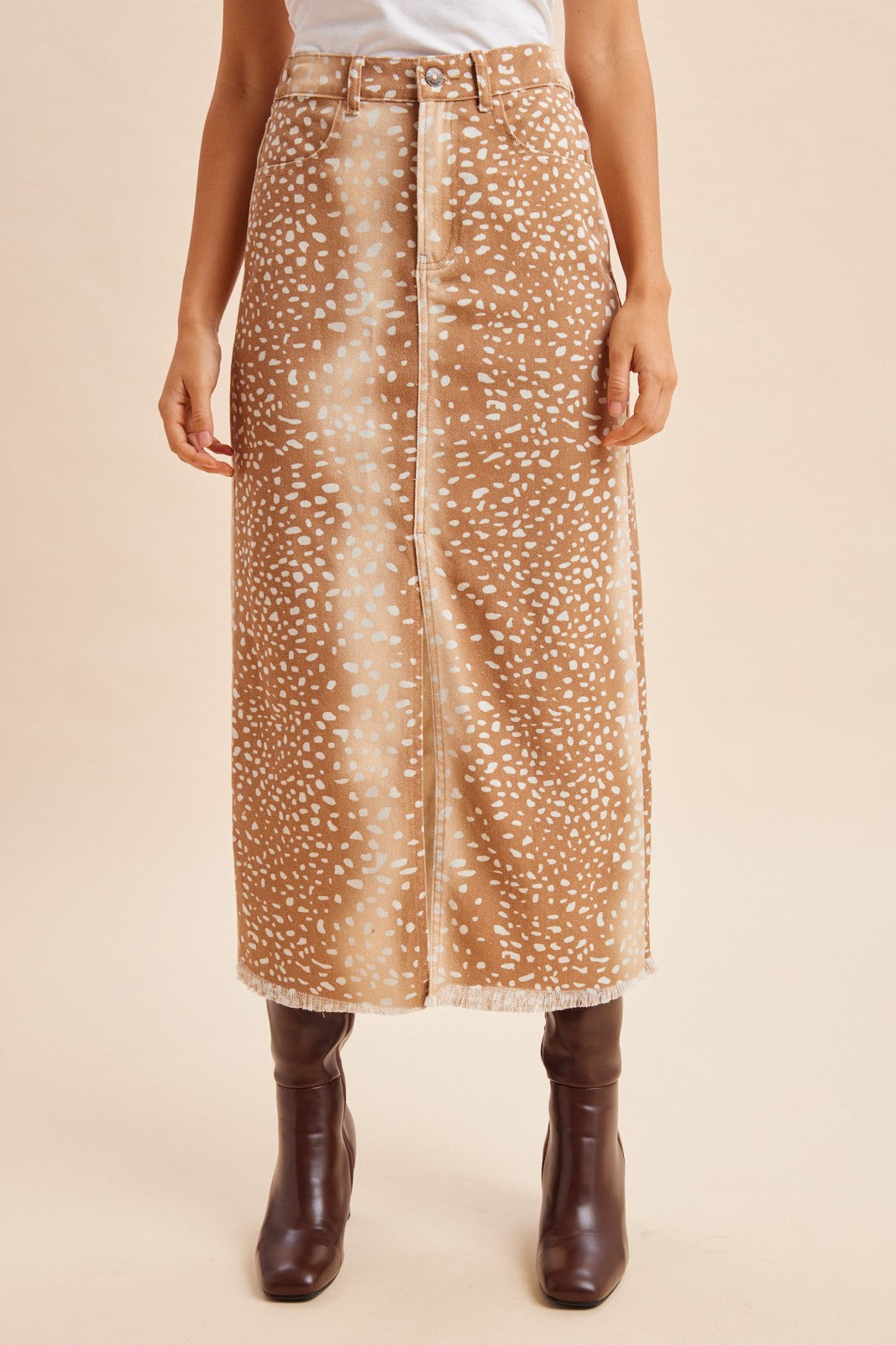 Doe-Eyed Deer Print Denim Front Slit Maxi Skirt