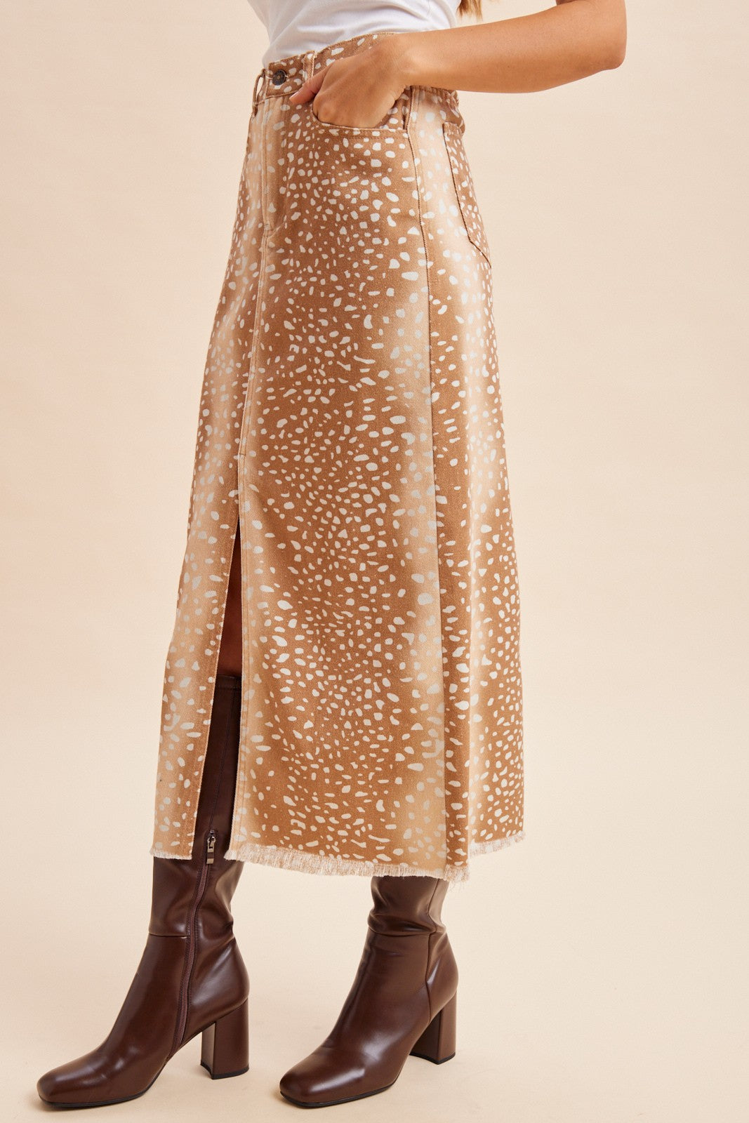 Doe-Eyed Deer Print Denim Front Slit Maxi Skirt