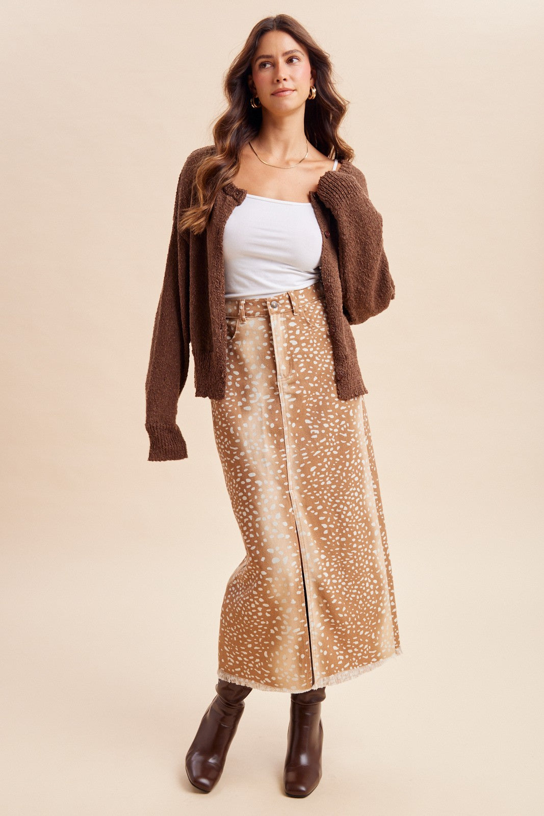 Doe-Eyed Deer Print Denim Front Slit Maxi Skirt