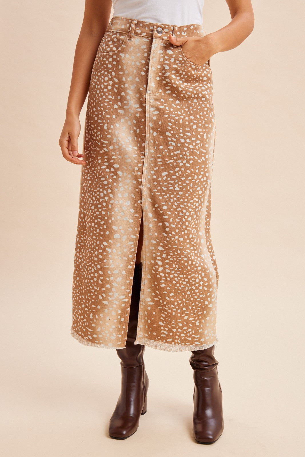 Doe-Eyed Deer Print Denim Front Slit Maxi Skirt