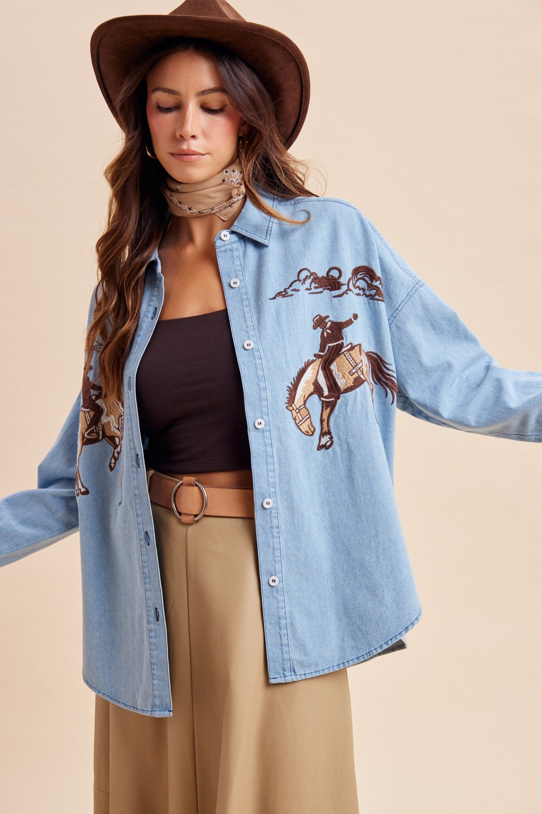 Happy Trails Cowboy Embroidered Denim Shirt