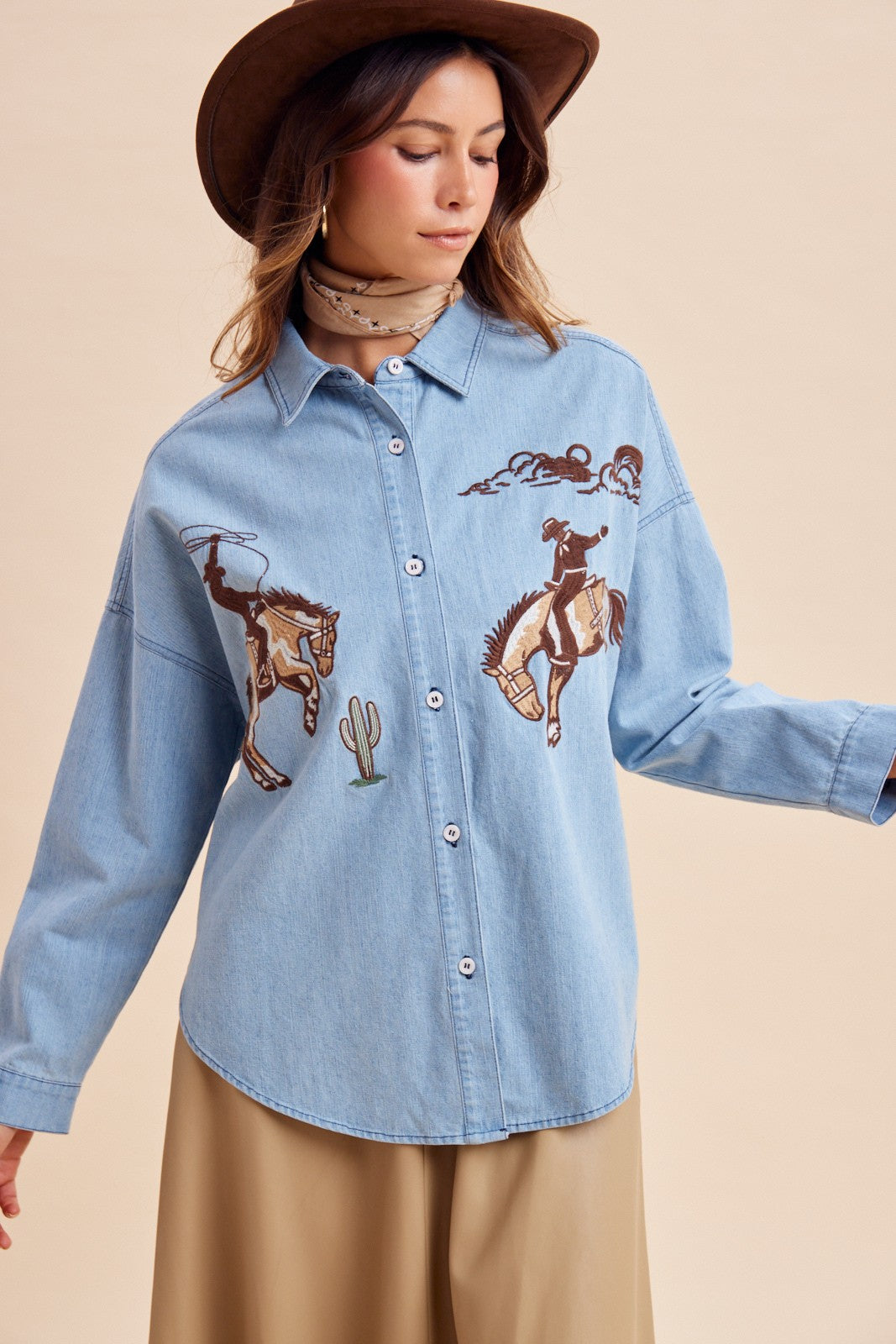 Happy Trails Cowboy Embroidered Denim Shirt