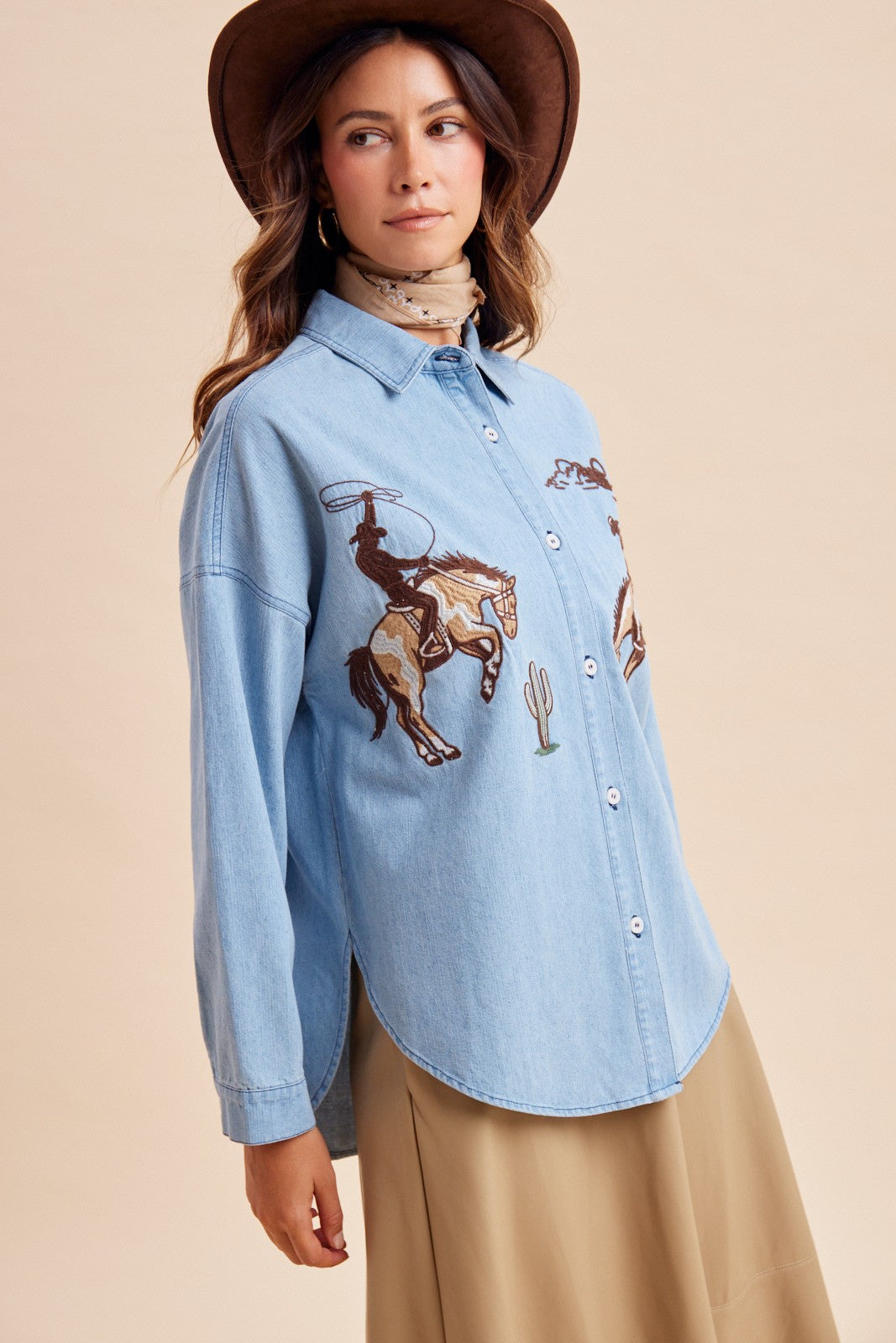 Happy Trails Cowboy Embroidered Denim Shirt