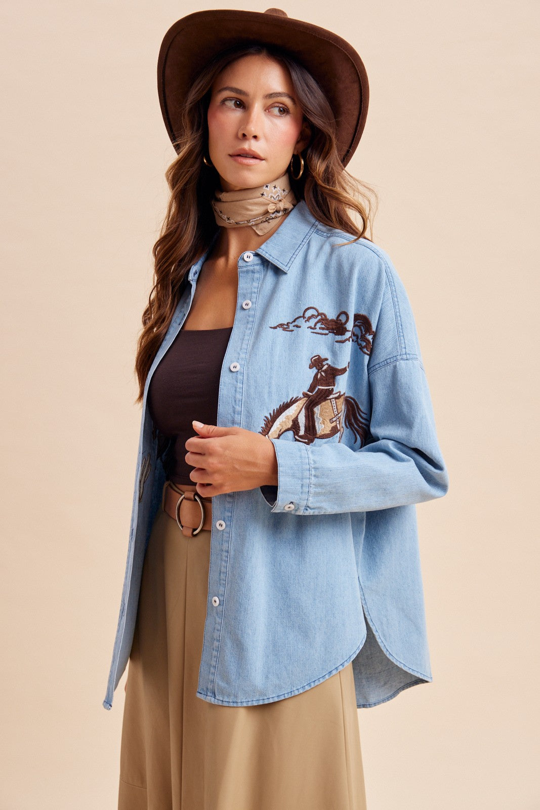 Happy Trails Cowboy Embroidered Denim Shirt