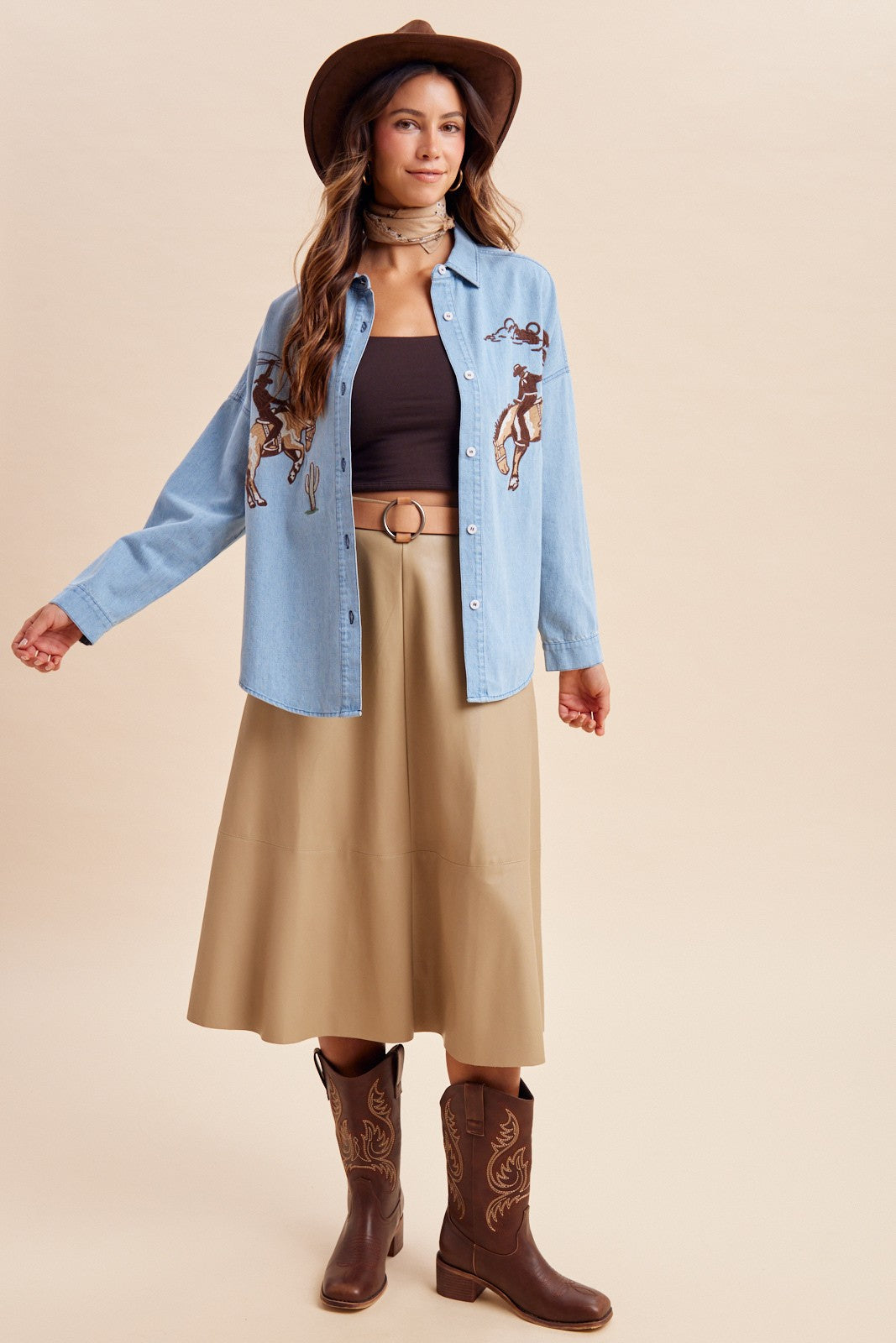 Happy Trails Cowboy Embroidered Denim Shirt