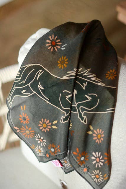 Floral Daisy Charcoal Bucking Horse Silk Wildrag Scarf