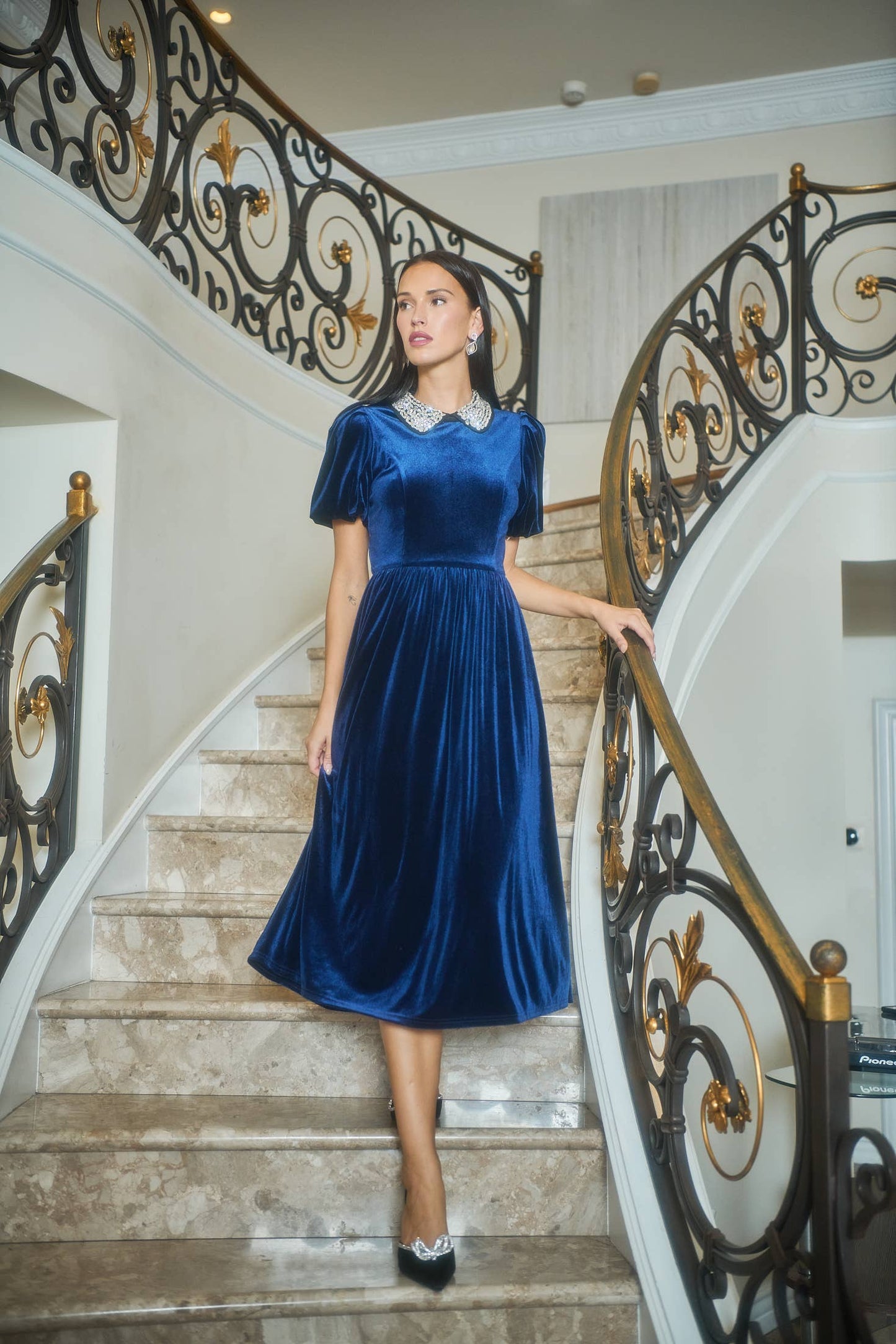Francie Rhinestone Velvet Midi Dress: Navy