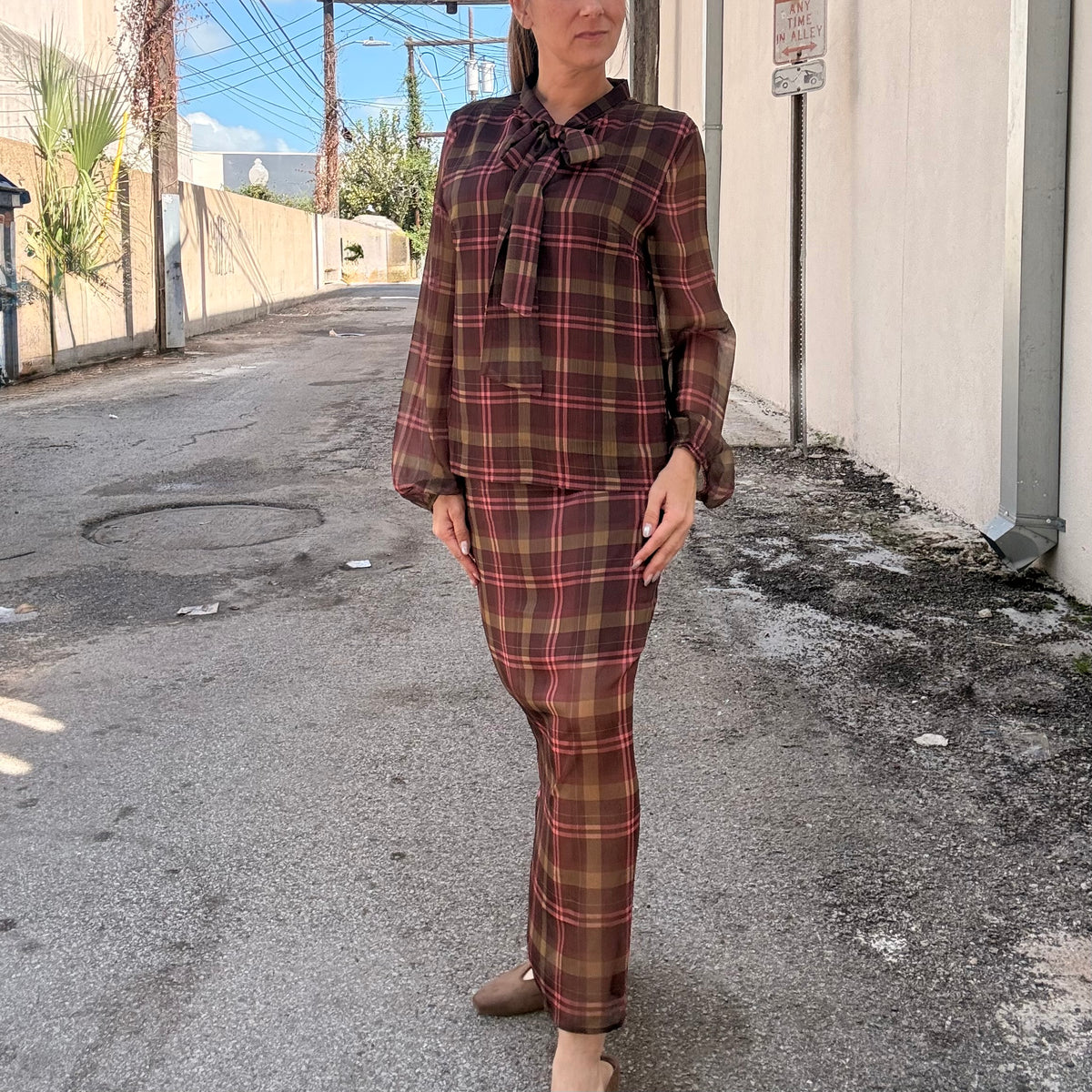 After Hours Sheer Plaid Midi Skirt (part of a set)