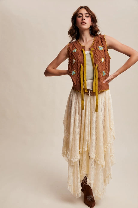 Brown Bow-Tie Floral Knit Vest