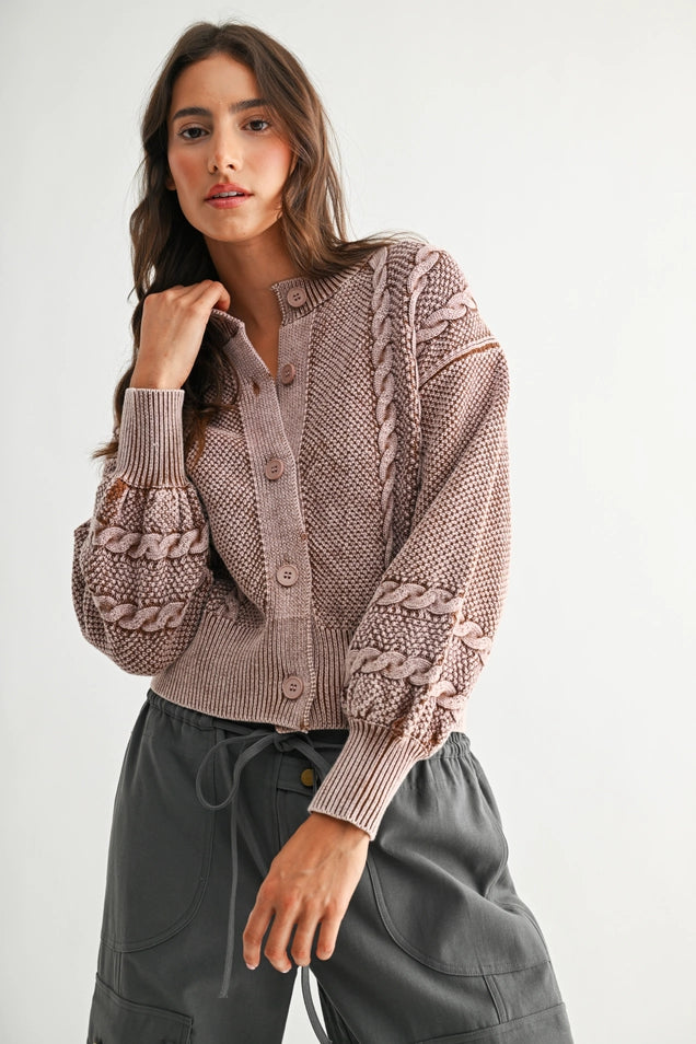 Washed Brown Cable Knit Cardigan
