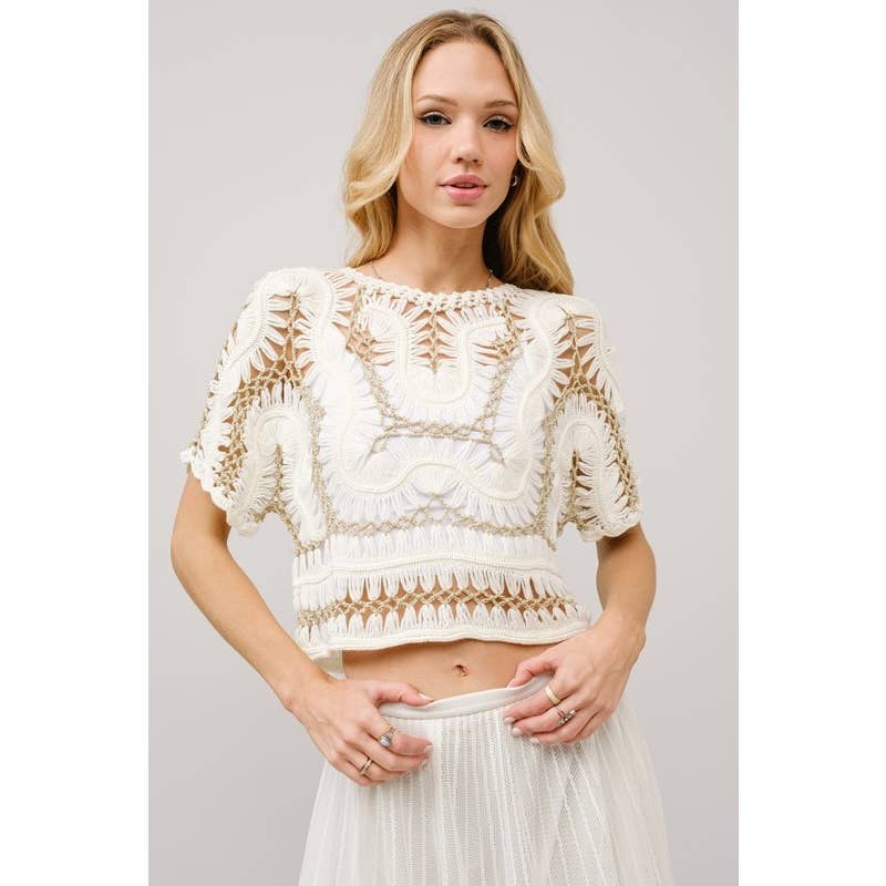 Crochet Metallic Short Sleeve Thread Crop Top: TAUPE / S-M-L(2-2-2)