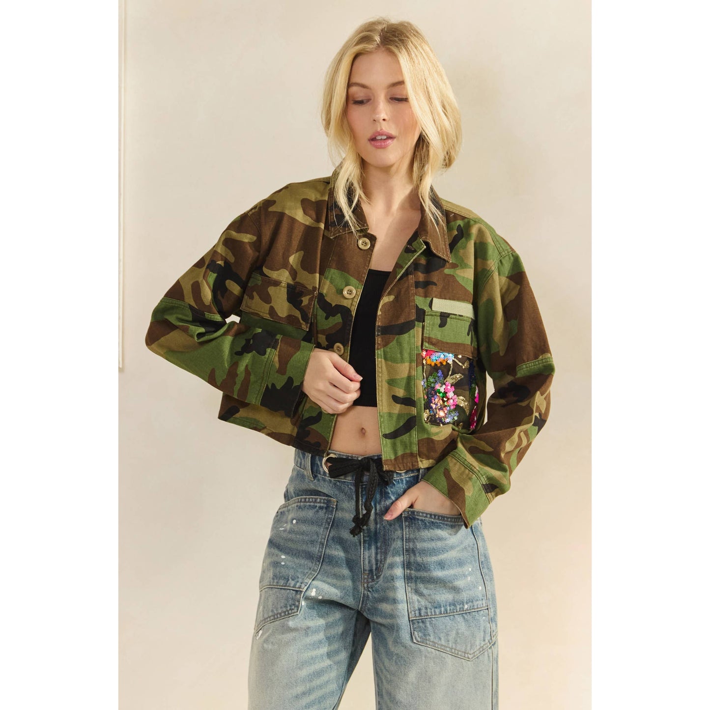 Camo Contrast Jacket: Camo Sequin